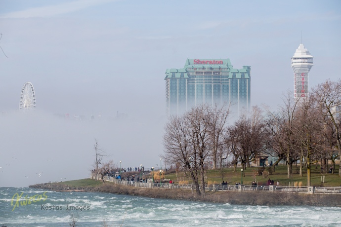 Niagara Skywheel, Sheraton Hotel, and Casino in the fog as seen from the American side...