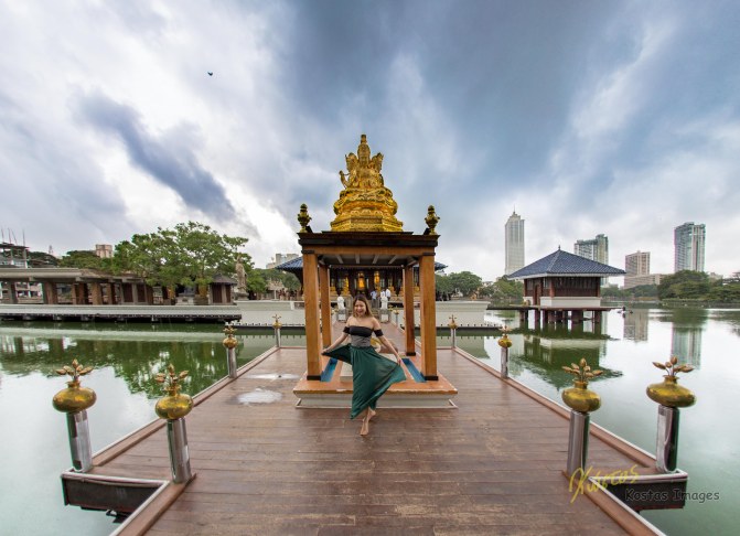 Posing in front of the temple Seema Malaka, part of the Gangaramaya Park Lake, Colombo, Sri Lanka