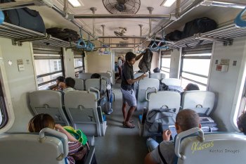 Inside view of the train, notice the fans on the ceiling, no Air Condition. 2nd Class Train from Nanu Oya to Ella