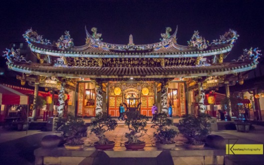 As most Shrines and Temples in Taiwan, Dalongdong Baoan Temple is decorated with some beautiful lights at night. An impressive architecture made even better. Taipei, Taiwan.
